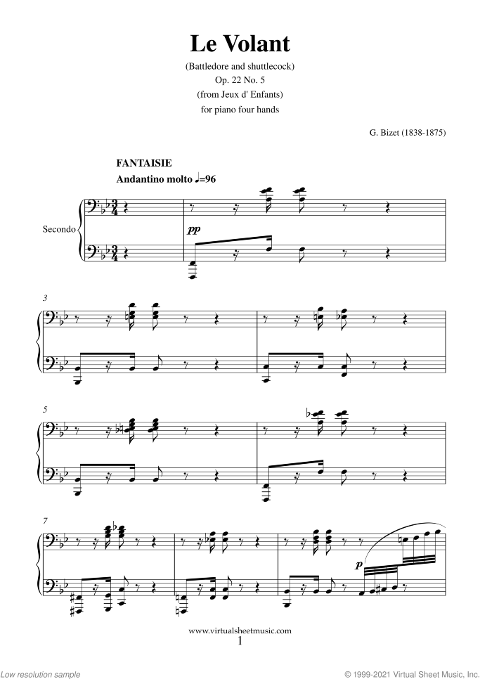 Le Volant sheet music for piano four hands by Georges Bizet, classical score, intermediate skill level