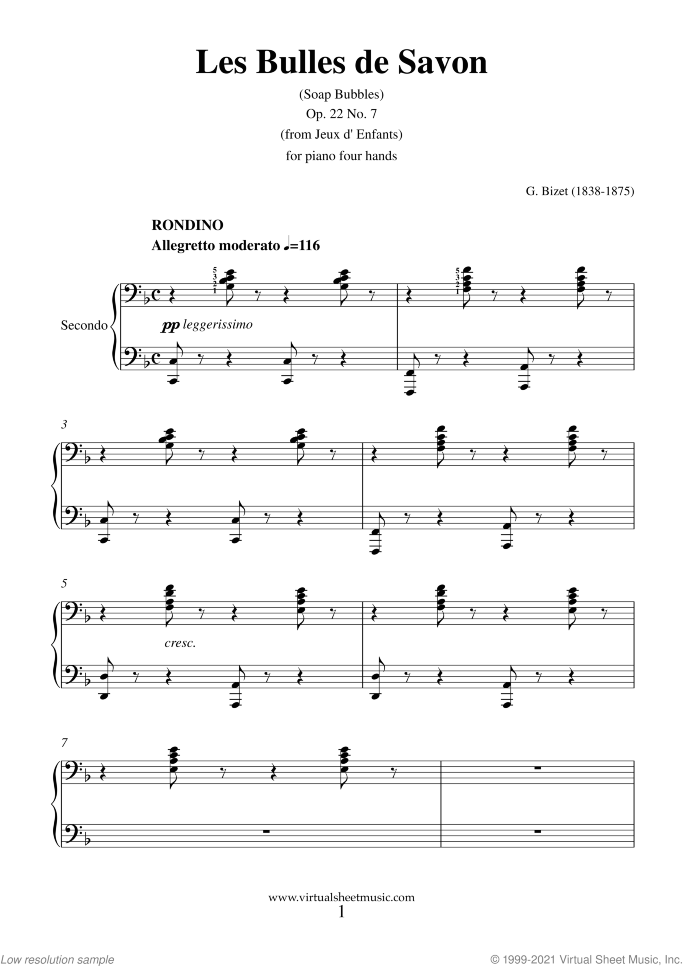 Les Bulles de Savon sheet music for piano four hands by Georges Bizet, classical score, intermediate skill level