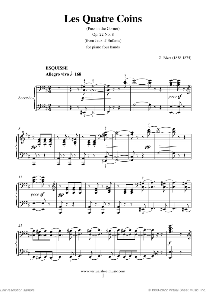 Les Quatre Coins sheet music for piano four hands by Georges Bizet, classical score, intermediate skill level