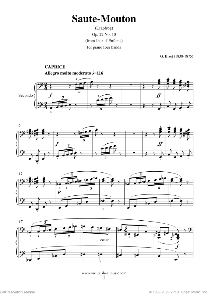 Saute-Mouton sheet music for piano four hands by Georges Bizet, classical score, intermediate skill level