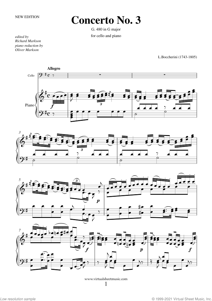 Concerto No.3 G. 480 in G major (NEW EDITION) sheet music for cello and piano by Luigi Boccherini, classical score, intermediate/advanced skill level