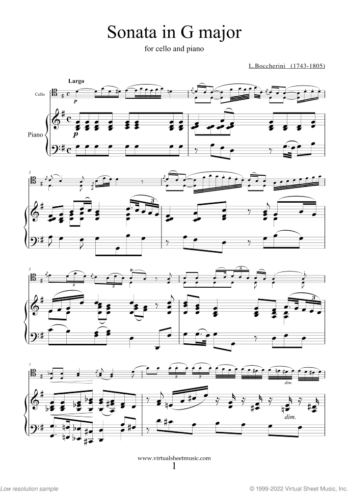 Sonata in G major sheet music for cello and piano by Luigi Boccherini, classical score, intermediate/advanced skill level