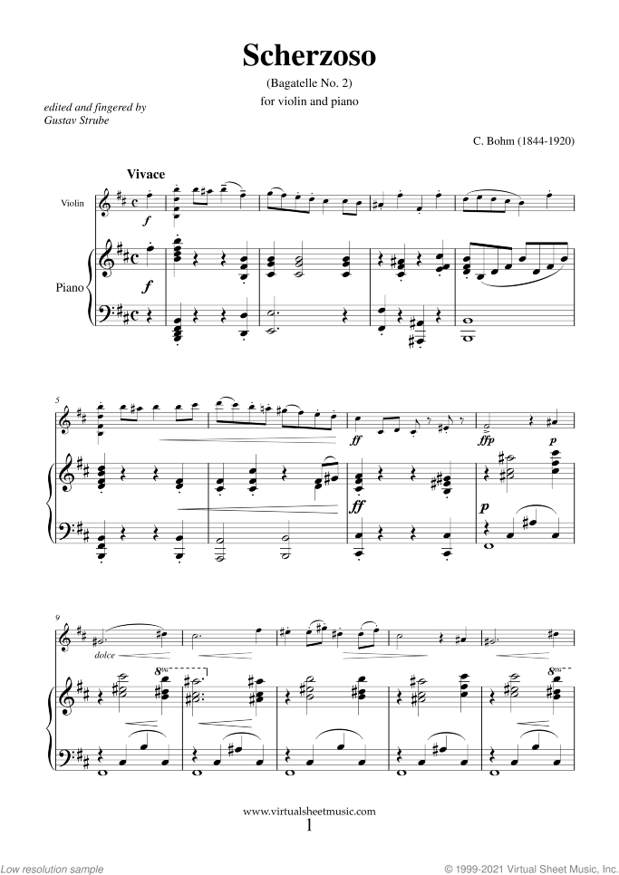 Scherzoso (Bagatelle No. 2) sheet music for violin and piano by Carl Bohm, classical score, intermediate skill level