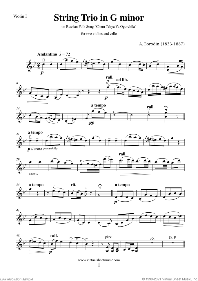 String Trio in G minor (parts) sheet music for string trio (two violins and cello) by Alexander Borodin, classical score, advanced skill level