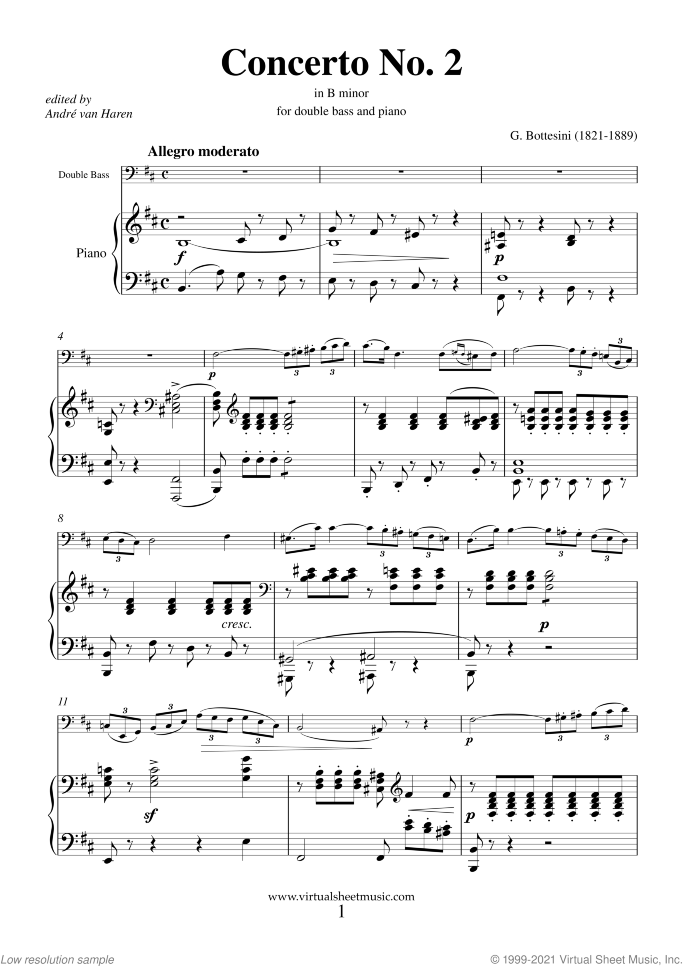 Concerto No.2 in B minor sheet music for double-bass and piano by Giovanni Bottesini, classical score, advanced skill level