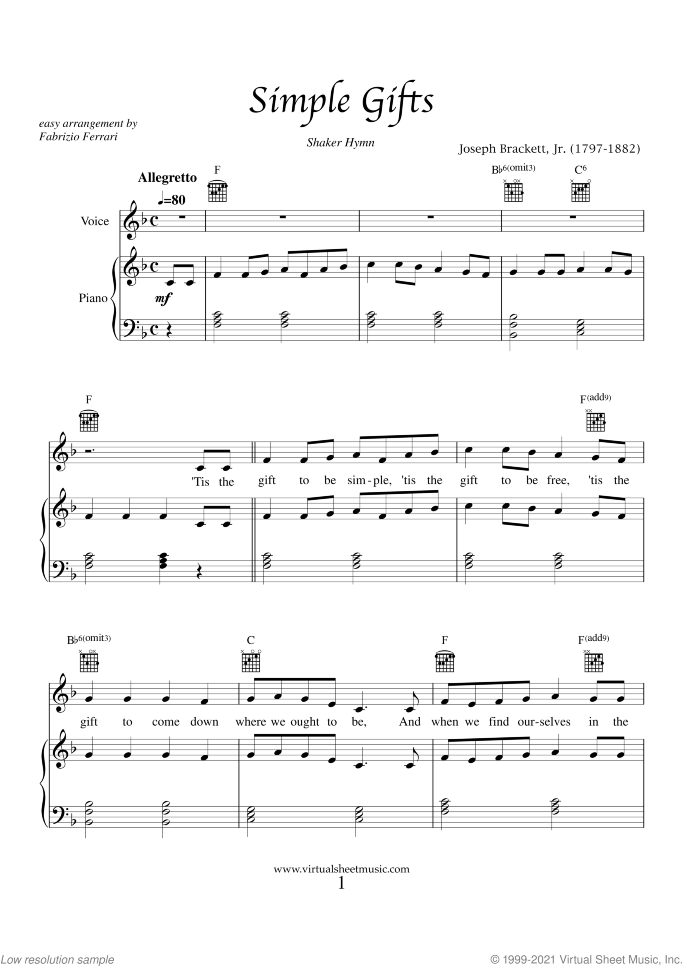 Simple Gifts sheet music for piano, voice or other instruments by Joseph Brackett, beginner skill level