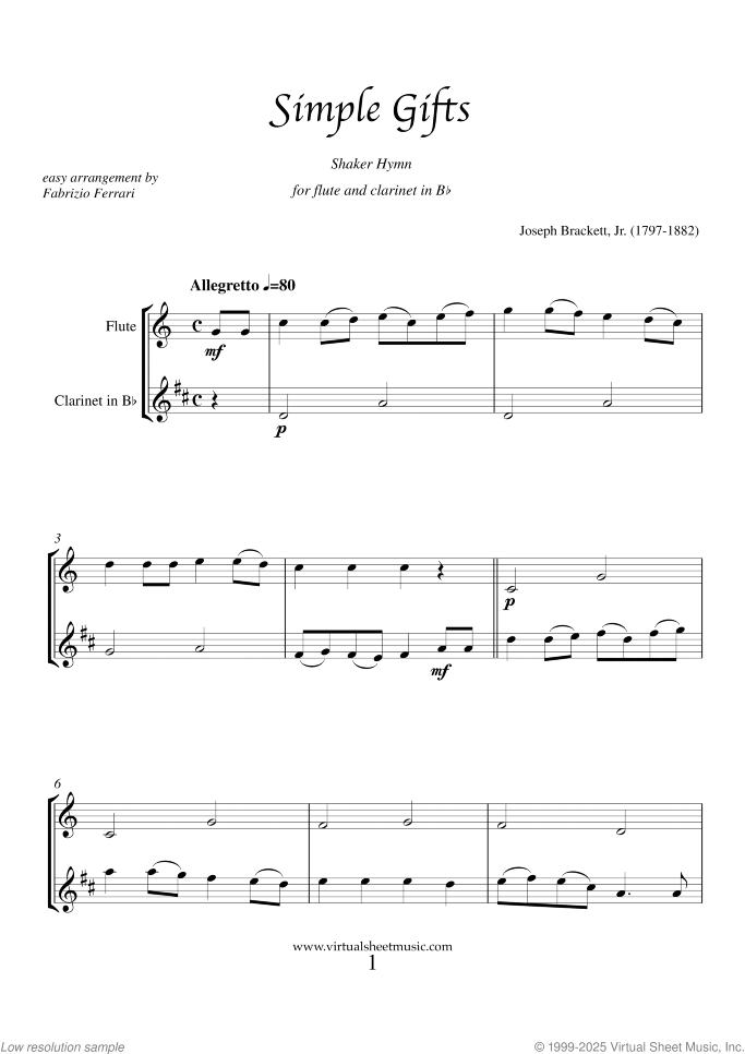 Simple Gifts sheet music for flute and clarinet by Joseph Brackett, beginner duet