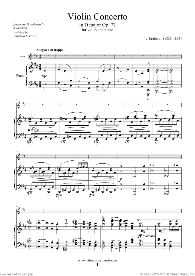 Concerto in D major Op.77 sheet music for violin and piano by Johannes Brahms, classical score, advanced skill level