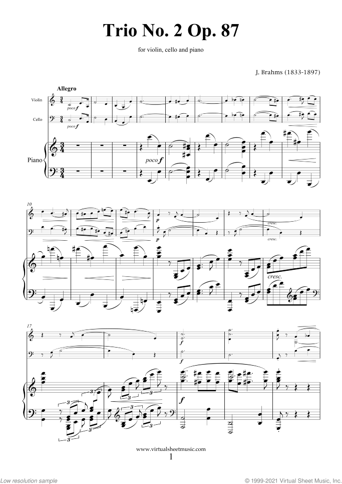 Trio No.2 Op.87 sheet music for violin, cello and piano by Johannes Brahms, classical score, advanced skill level