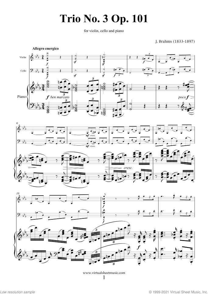 Trio No.3 Op.101 sheet music for violin, cello and piano by Johannes Brahms, classical score, advanced skill level