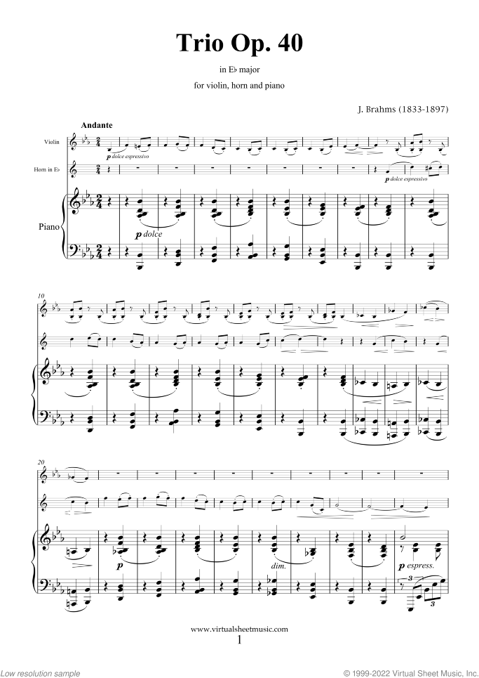 Trio Op.40 sheet music for violin, horn and piano by Johannes Brahms, classical score, intermediate/advanced skill level