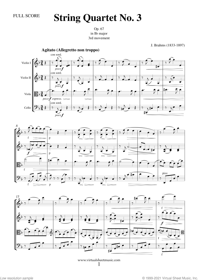 String Quartet Op. 67 No. 3 sheet music for string quartet by Johannes Brahms, classical score, advanced skill level
