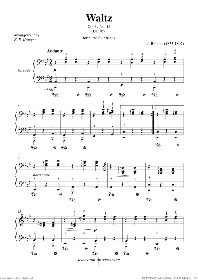 Lullaby Op. 39 No. 15 sheet music for piano four hands by Johannes Brahms, classical score, intermediate skill level