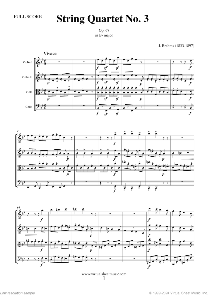 String Quartet Op. 67 No. 3 (f.score) sheet music for string quartet by Johannes Brahms, classical score, advanced skill level