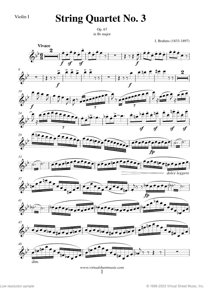 String Quartet Op. 67 No. 3 (parts) sheet music for string quartet by Johannes Brahms, classical score, advanced skill level