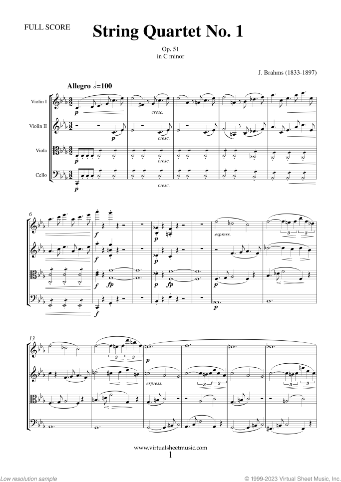 String Quartet Op. 51 No. 1 (COMPLETE) sheet music for string quartet by Johannes Brahms, classical score, advanced skill level