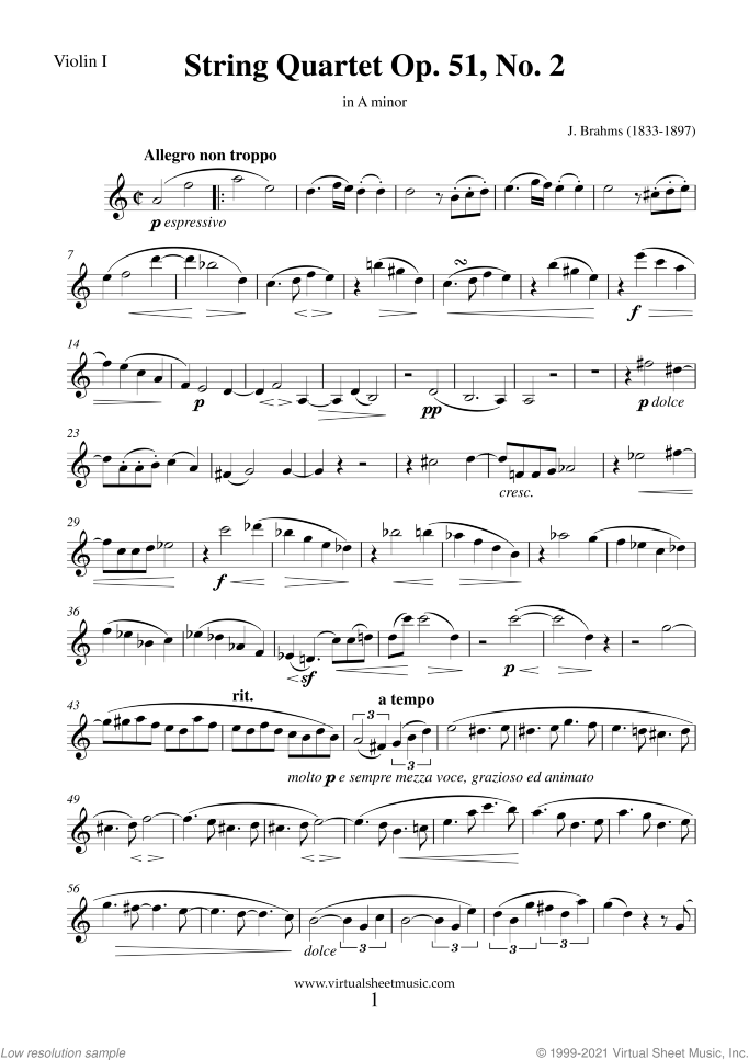String Quartet Op. 51 No. 2 (parts) sheet music for string quartet by Johannes Brahms, classical score, advanced skill level
