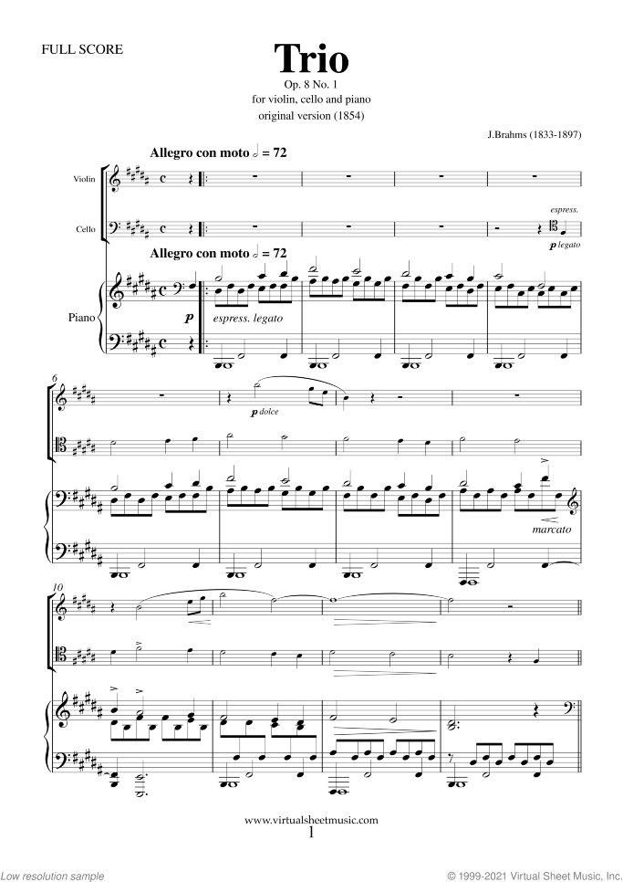 Trio No.1 Op.8 (1st movement) sheet music for violin, cello and piano by Johannes Brahms, classical score, advanced skill level