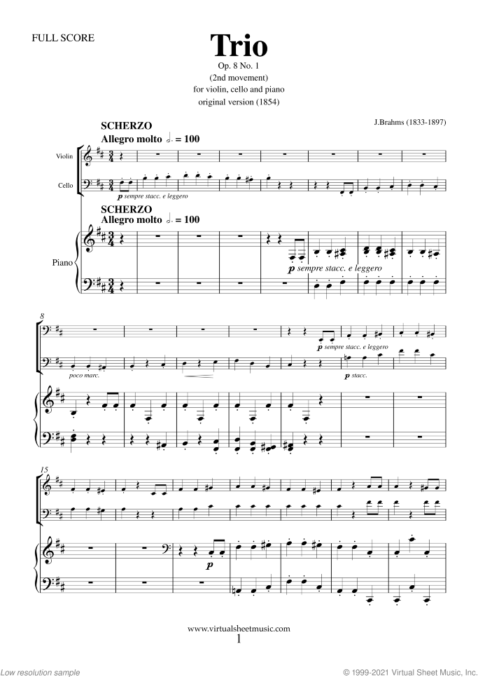 Trio No.1 Op.8 (2nd movement) sheet music for violin, cello and piano by Johannes Brahms, classical score, advanced skill level