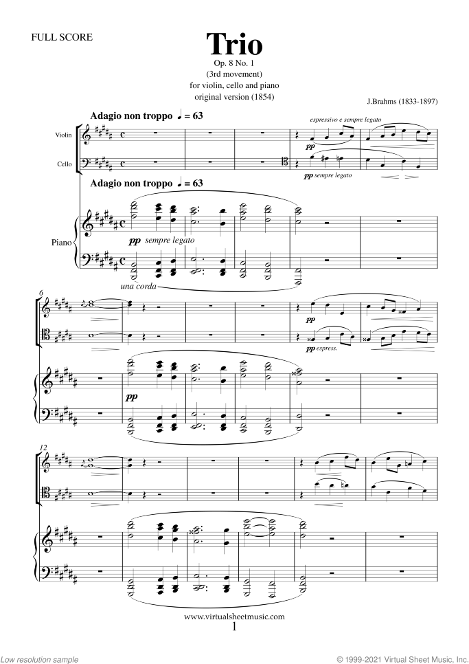 Trio No.1 Op.8 (3rd movement) sheet music for violin, cello and piano by Johannes Brahms, classical score, advanced skill level