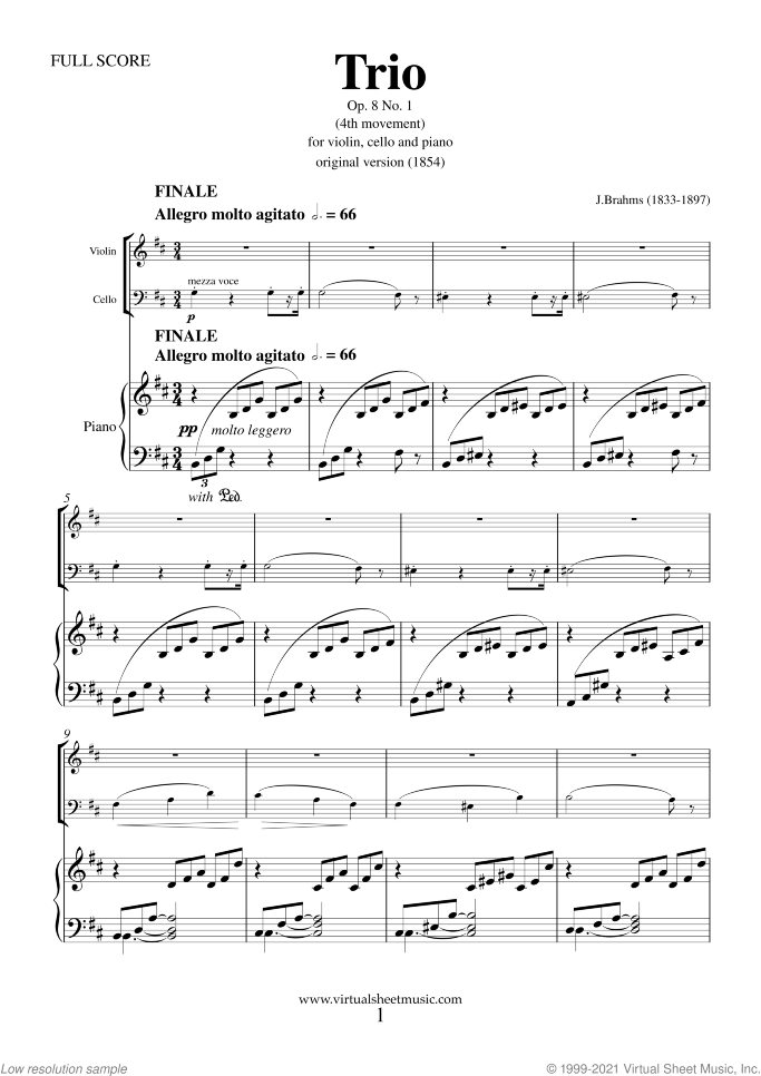 Trio No.1 Op.8 (4th movement) sheet music for violin, cello and piano by Johannes Brahms, classical score, advanced skill level