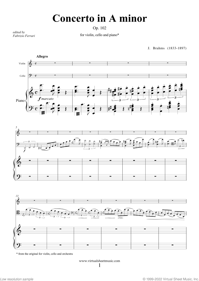Concerto in A minor Op.102 sheet music for violin, cello and piano by Johannes Brahms, classical score, advanced skill level