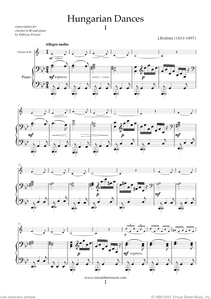 Hungarian Dances (COMPLETE) sheet music for clarinet and piano by Johannes Brahms, classical score, intermediate skill level