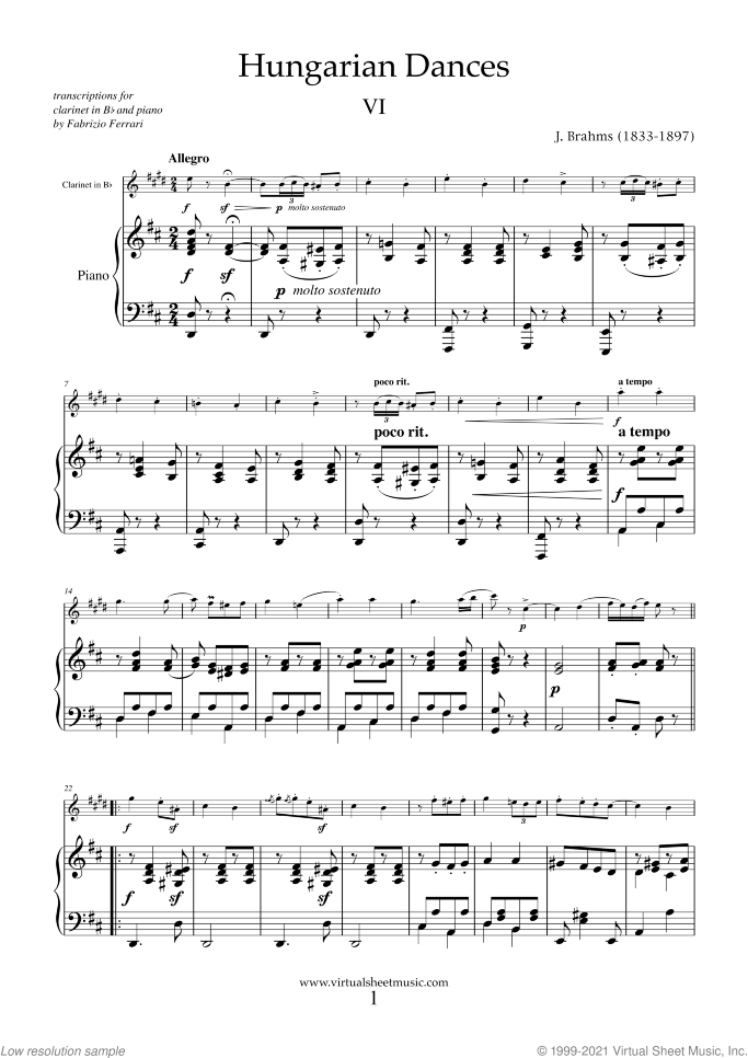 Hungarian Dances (collection 2) sheet music for clarinet and piano by Johannes Brahms, classical score, intermediate skill level