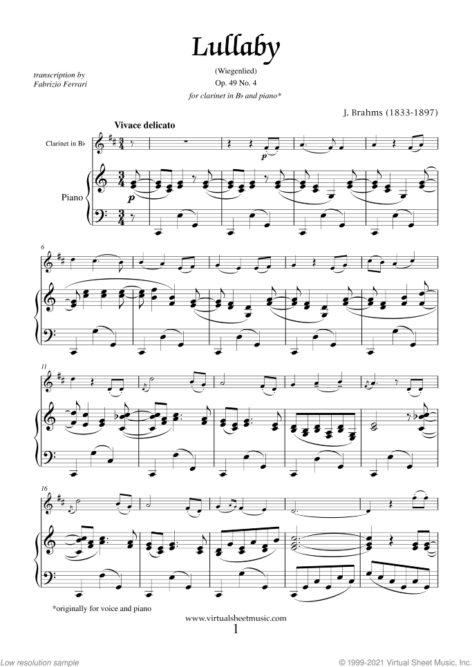 Lullaby Op. 49 No. 4 sheet music for clarinet and piano by Johannes Brahms, classical score, easy skill level