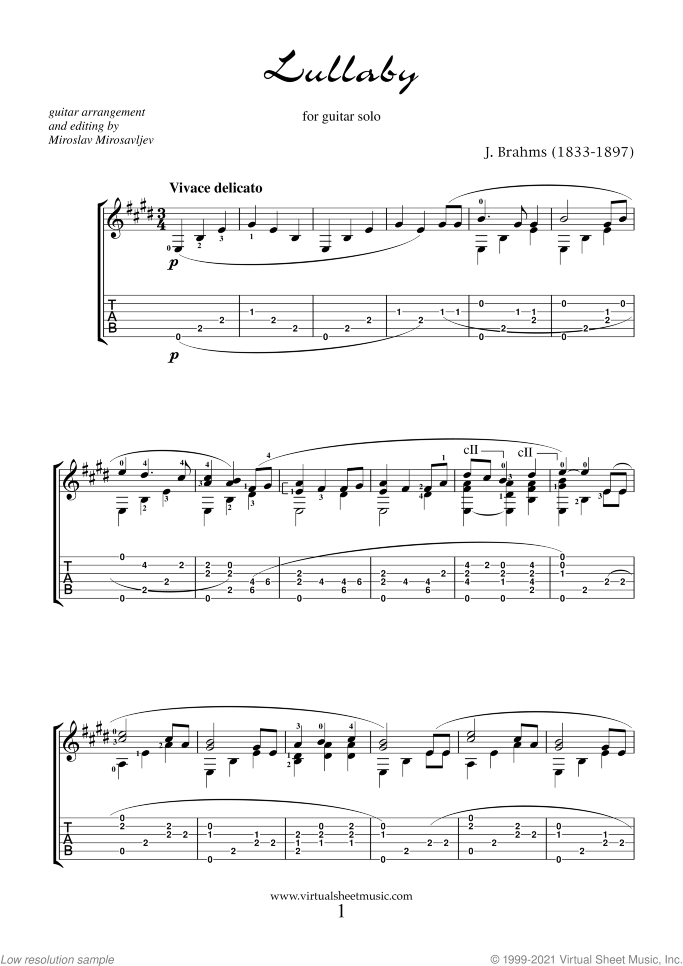 Lullaby Op. 49 No. 4 sheet music for guitar solo by Johannes Brahms, classical score, intermediate skill level