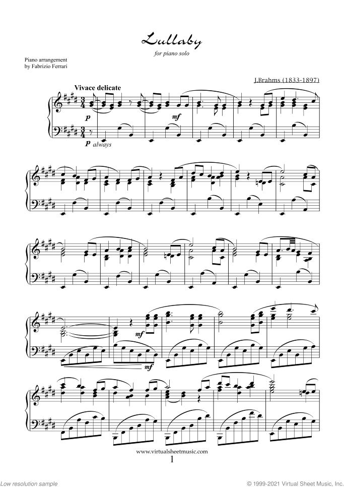 Lullaby Op. 49 No. 4 sheet music for piano solo by Johannes Brahms, classical score, intermediate skill level