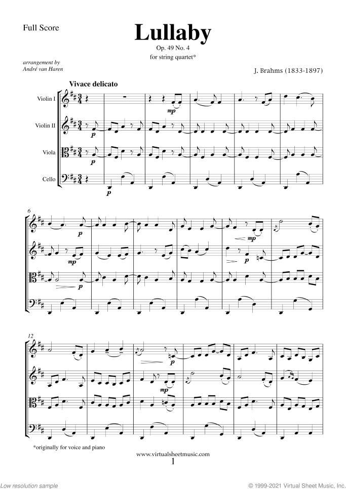 Lullaby Op. 49 No. 4 (f.score) sheet music for string quartet by Johannes Brahms, classical score, easy skill level