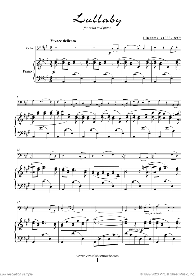 Lullaby Op. 49 No. 4 sheet music for cello and piano by Johannes Brahms, classical score, easy skill level