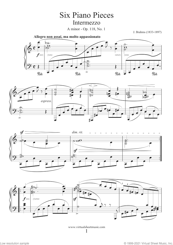 Six Piano Pieces (Intermezzos) Op.118 sheet music for piano solo by Johannes Brahms, classical score, intermediate/advanced skill level