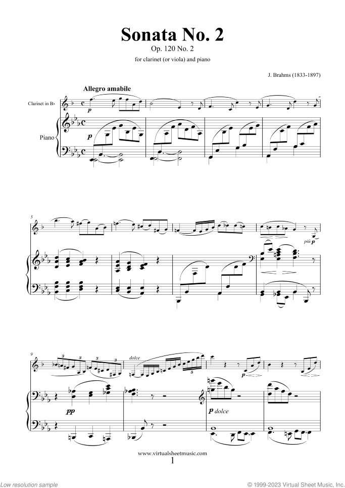 Sonata No.2 in Eb major Op.120 sheet music for clarinet (or viola) and piano by Johannes Brahms, classical score, advanced skill level