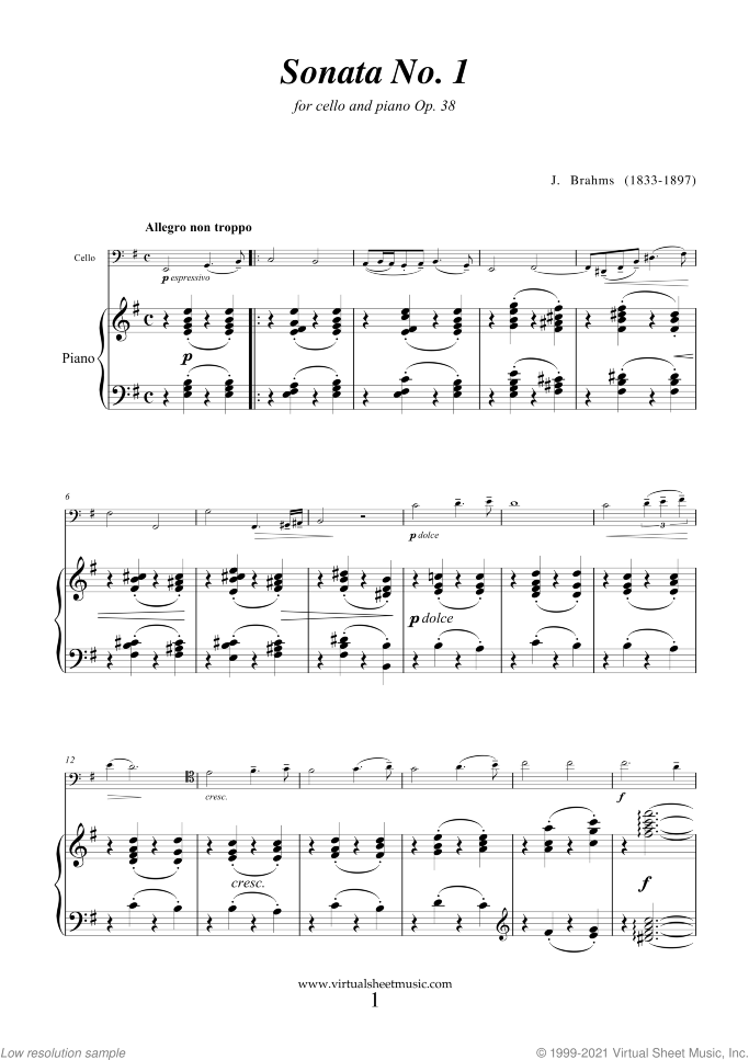 Sonata No.1 in E minor Op.38 sheet music for cello and piano by Johannes Brahms, classical score, intermediate/advanced skill level