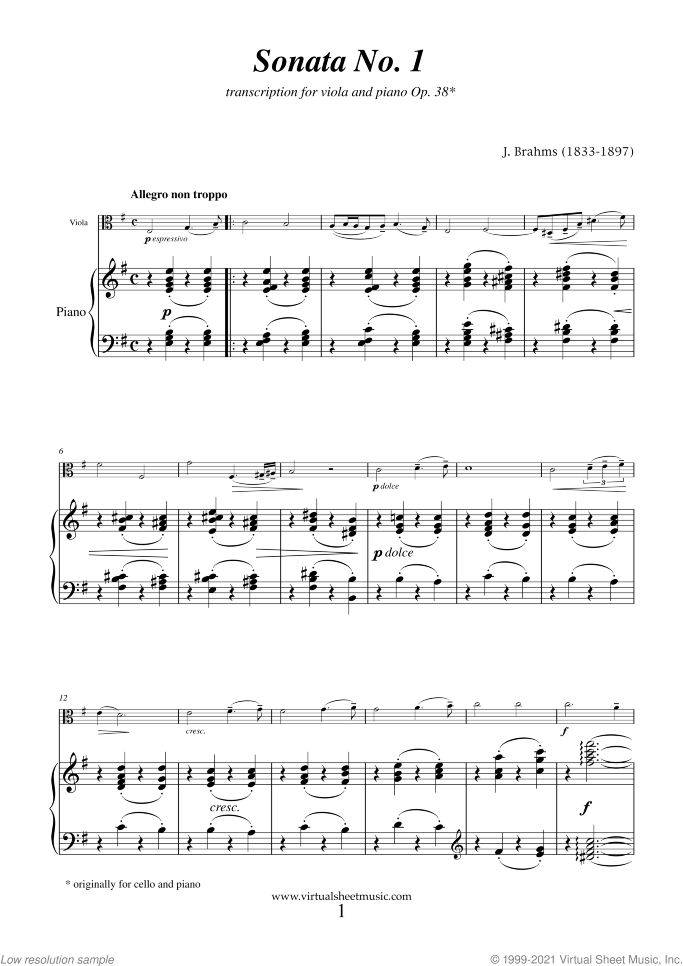 Sonata No.1 in E minor Op.38 sheet music for viola and piano by Johannes Brahms, classical score, intermediate/advanced skill level