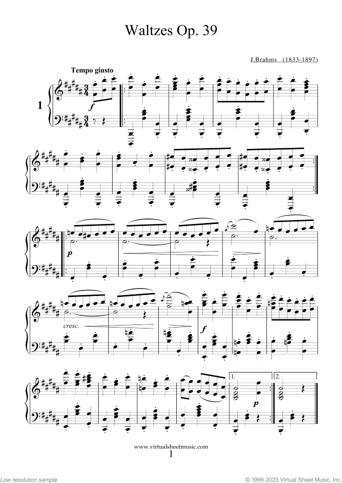 Waltzes Op.39 sheet music for piano solo by Johannes Brahms, classical score, intermediate skill level