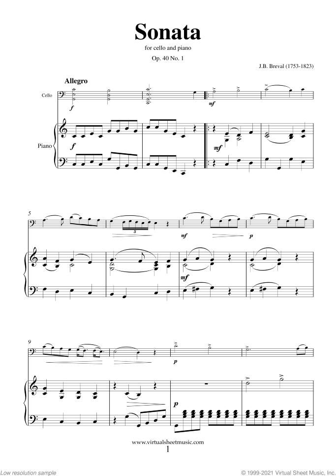 Sonata in C major Op.40 No.1 sheet music for cello and piano by Jean Baptiste Breval, classical score, intermediate skill level