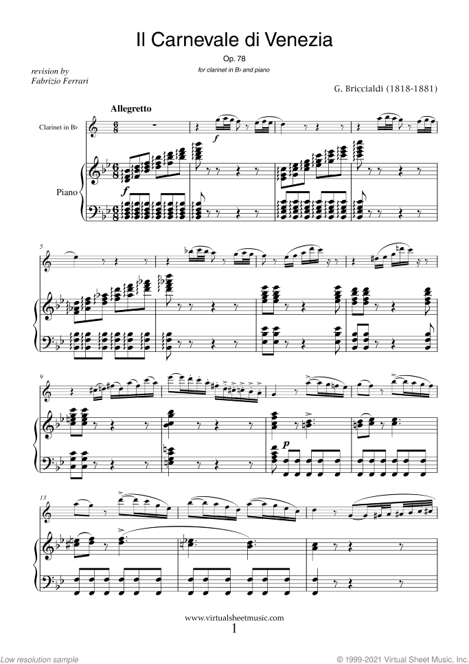Il Carnevale di Venezia sheet music for clarinet and piano by Giulio Briccialdi, classical score, advanced skill level