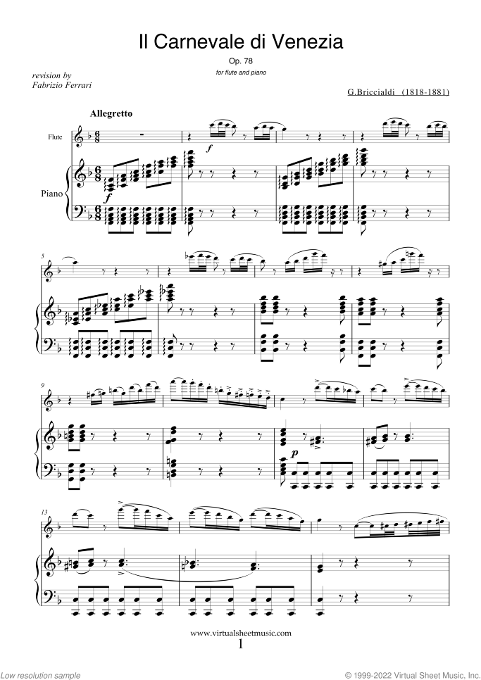 Il Carnevale di Venezia sheet music for flute and piano by Giulio Briccialdi, classical score, advanced skill level