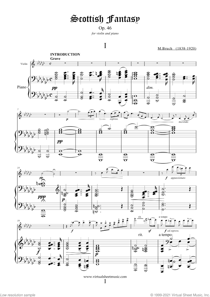 Scottish Fantasy Op.46 sheet music for violin and piano by Max Bruch, classical score, intermediate/advanced skill level