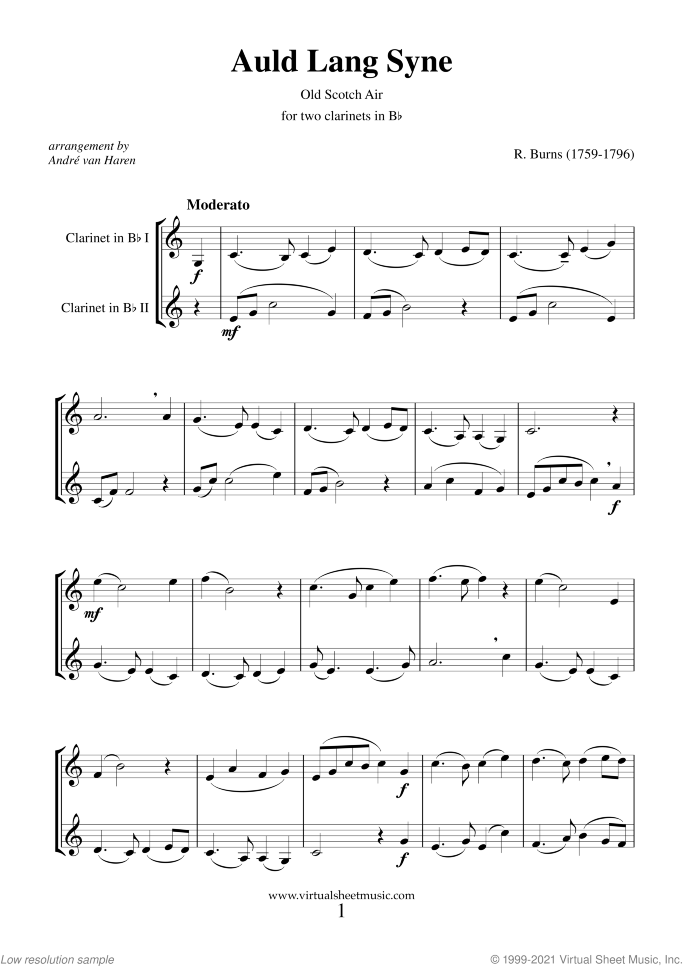 Auld Lang Syne sheet music for two clarinets by Robert Burns, classical score, easy duet