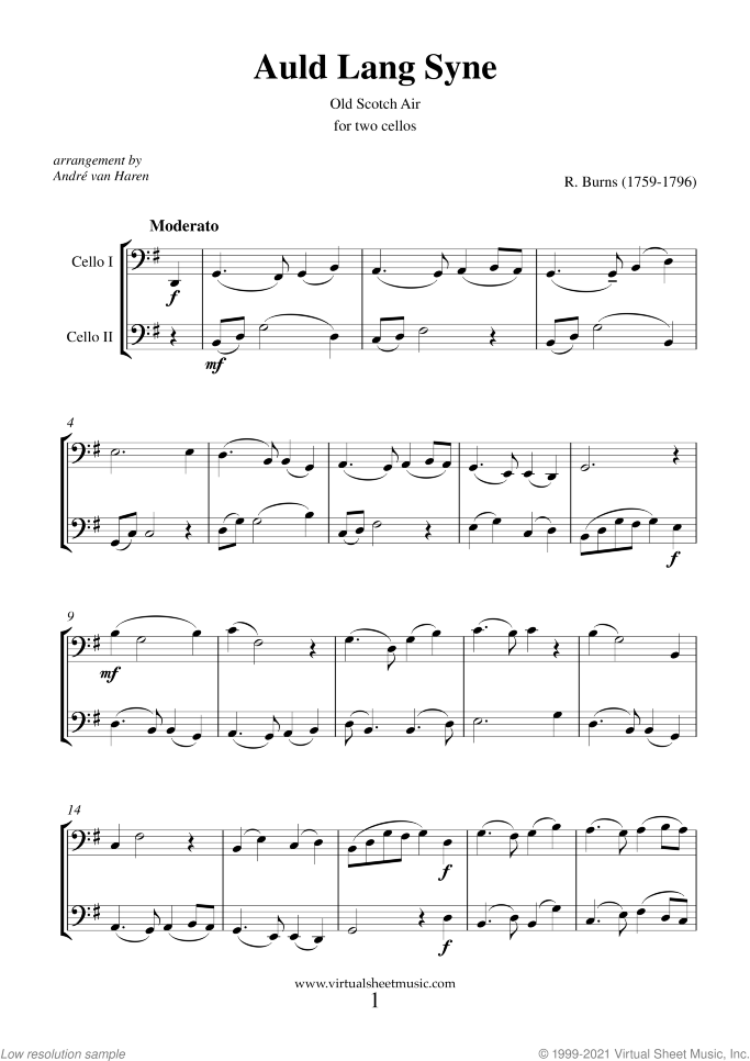 Auld Lang Syne sheet music for two cellos by Robert Burns, classical score, easy duet