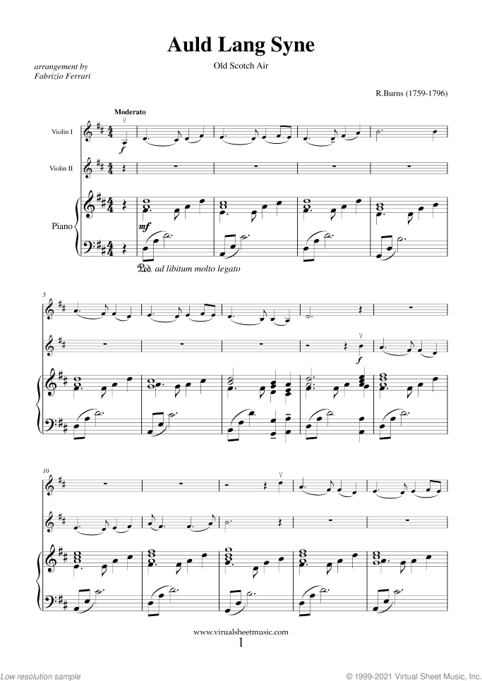 Auld Lang Syne sheet music for two violins and piano by Robert Burns, classical score, easy/intermediate duet