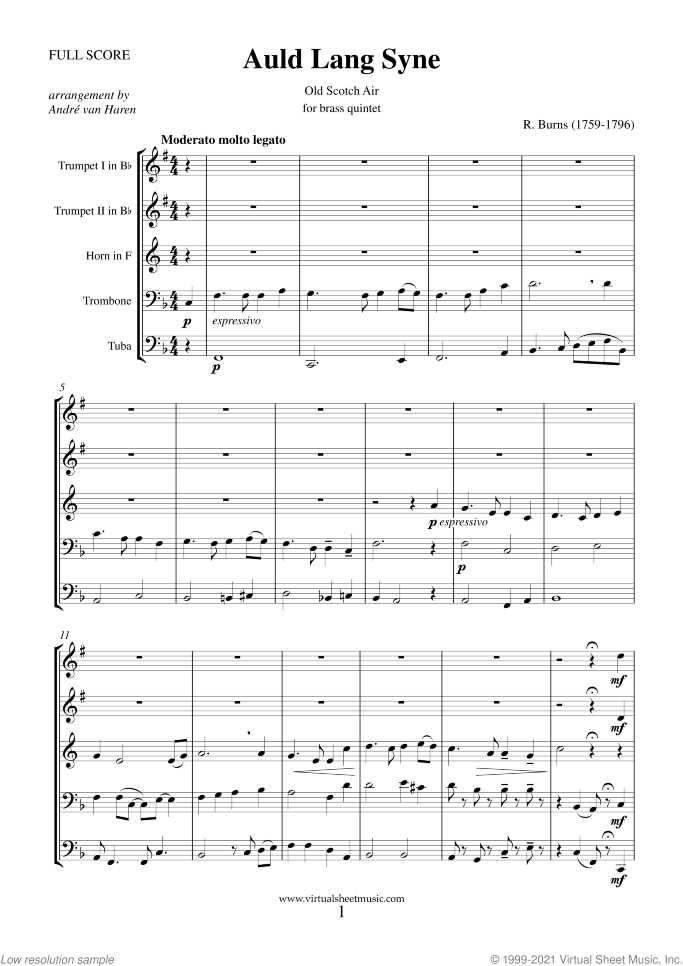 Auld Lang Syne (f.score) sheet music for brass quintet by Robert Burns, classical score, intermediate skill level