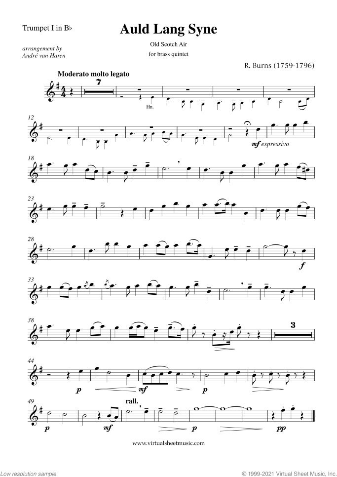 Auld Lang Syne (parts) sheet music for brass quintet by Robert Burns, classical score, intermediate skill level