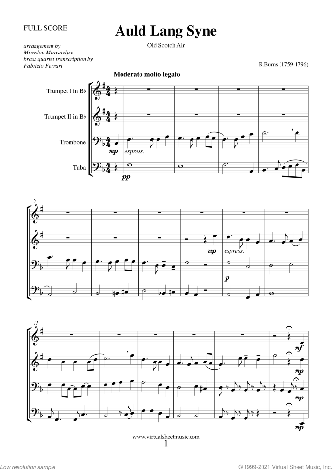 Auld Lang Syne sheet music for brass quartet by Robert Burns, classical score, intermediate skill level