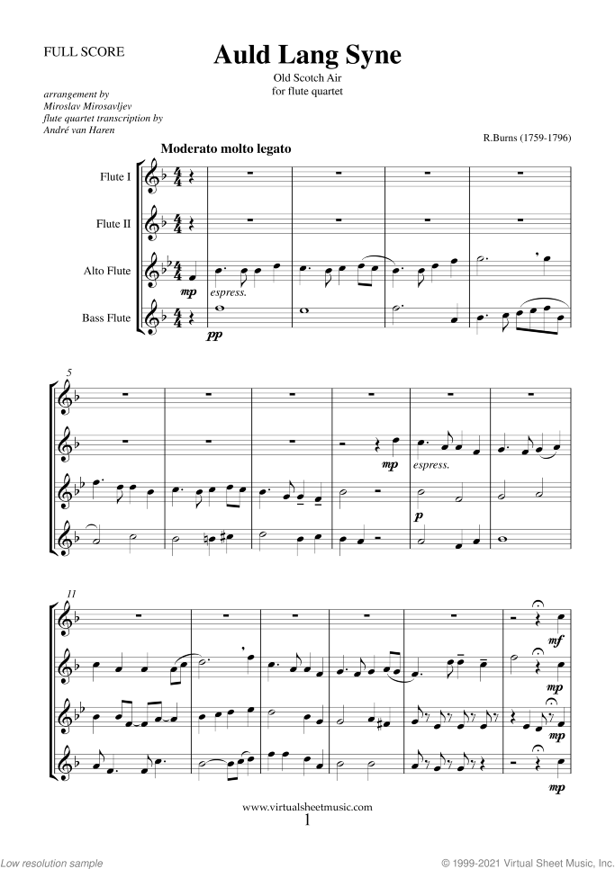 Auld Lang Syne sheet music for flute quartet by Robert Burns, classical score, intermediate skill level
