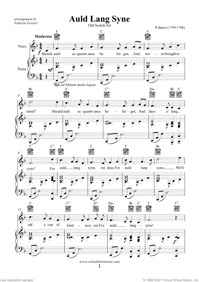 Auld Lang Syne (NEW EDITION) sheet music for voice and piano by Robert Burns, classical score, easy skill level